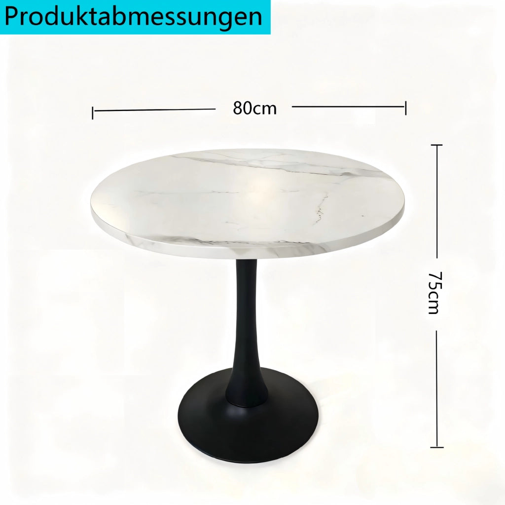 Tavolo da pranzo rotondo 80 cm in MDF e metallo; effetto marmo bianco; bianco e nero