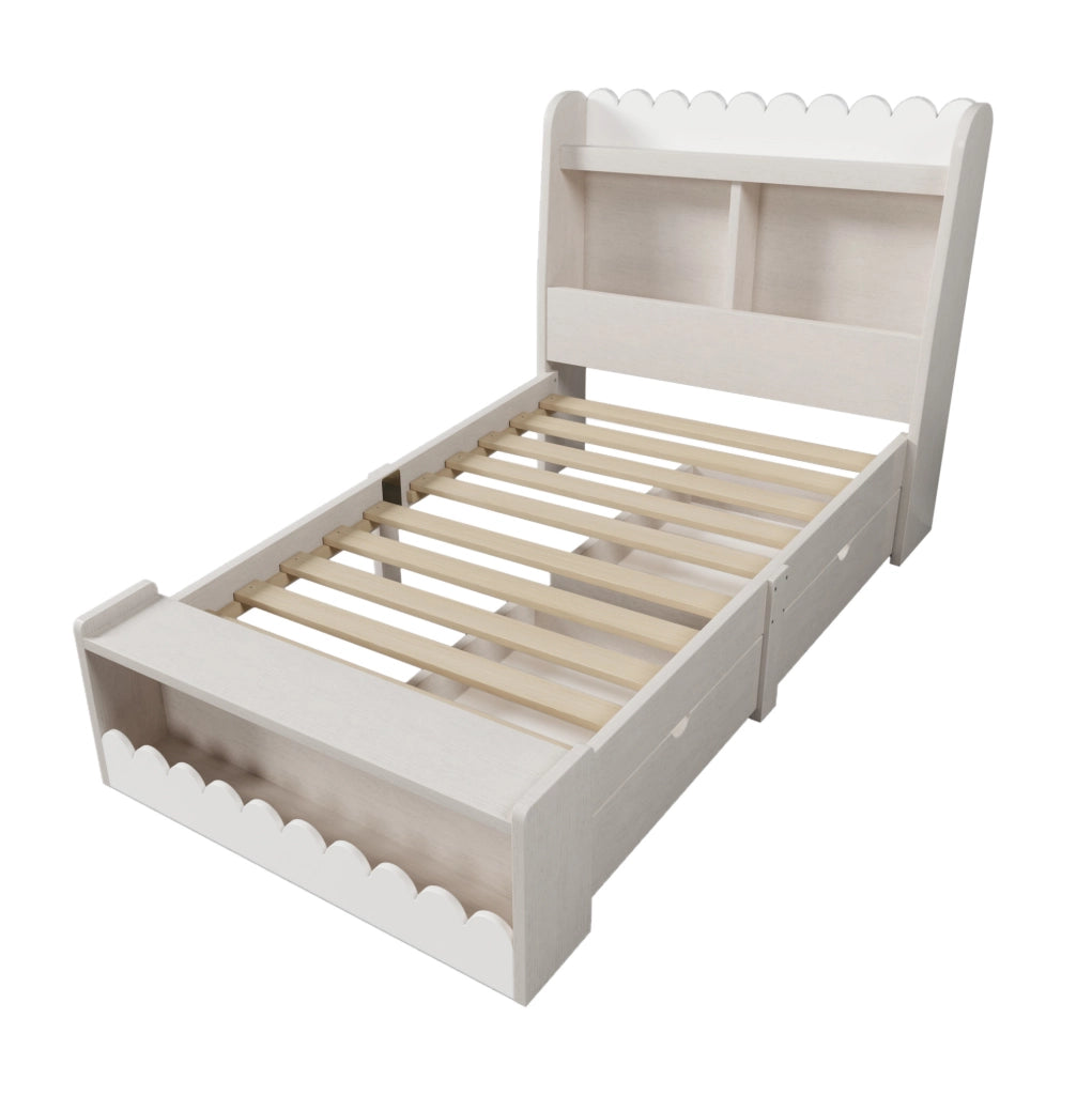 Letto singolo 90x200 cm con cassetti e ripiani; legno massello e MDF bianco e rovere