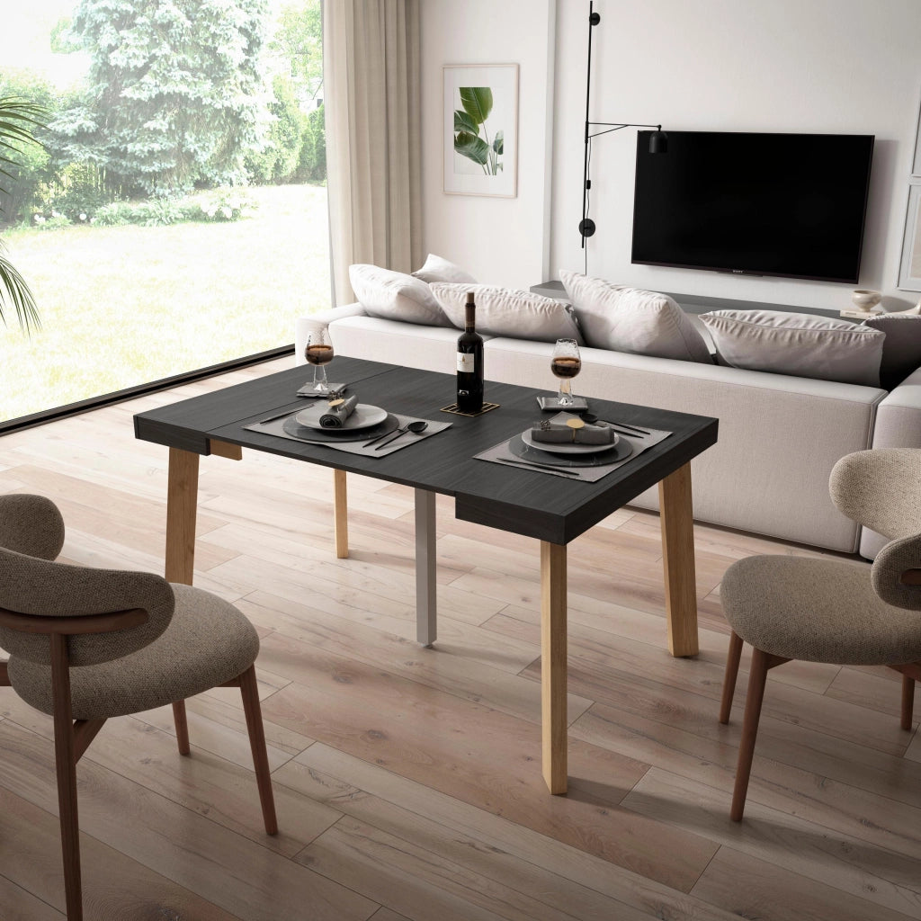 Consolle allungabile, 140x90x73cm, Per 6 persone, Gambe in legno, Nero RF3139