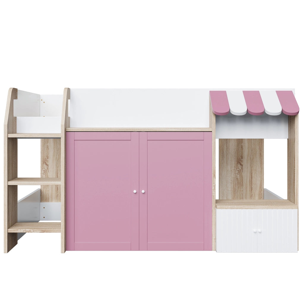 Letto a soppalco 90x200 cm con scala e vano contenitore in legno bianco e rosa