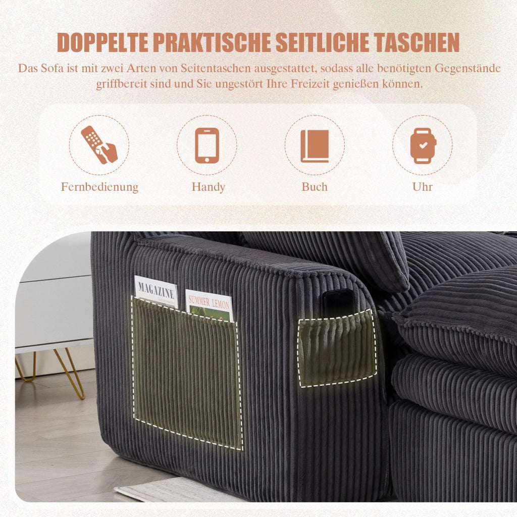 Divano modulare 3 posti con pouf, cuscini e tasche laterali, in tessuto corduroy grigio scuro per soggiorno e ufficio
