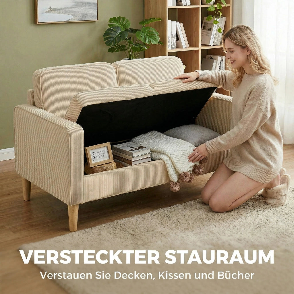 Divano 2 Posti con Cuscini e Contenitore ¨C Zephmum ¨C Beige Tessuto 117x63x79 cm