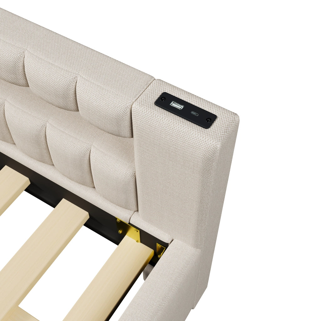 Letto estraibile matrimoniale 140×200 cm con LED; USB; Type-C; senza materasso; lino; beige