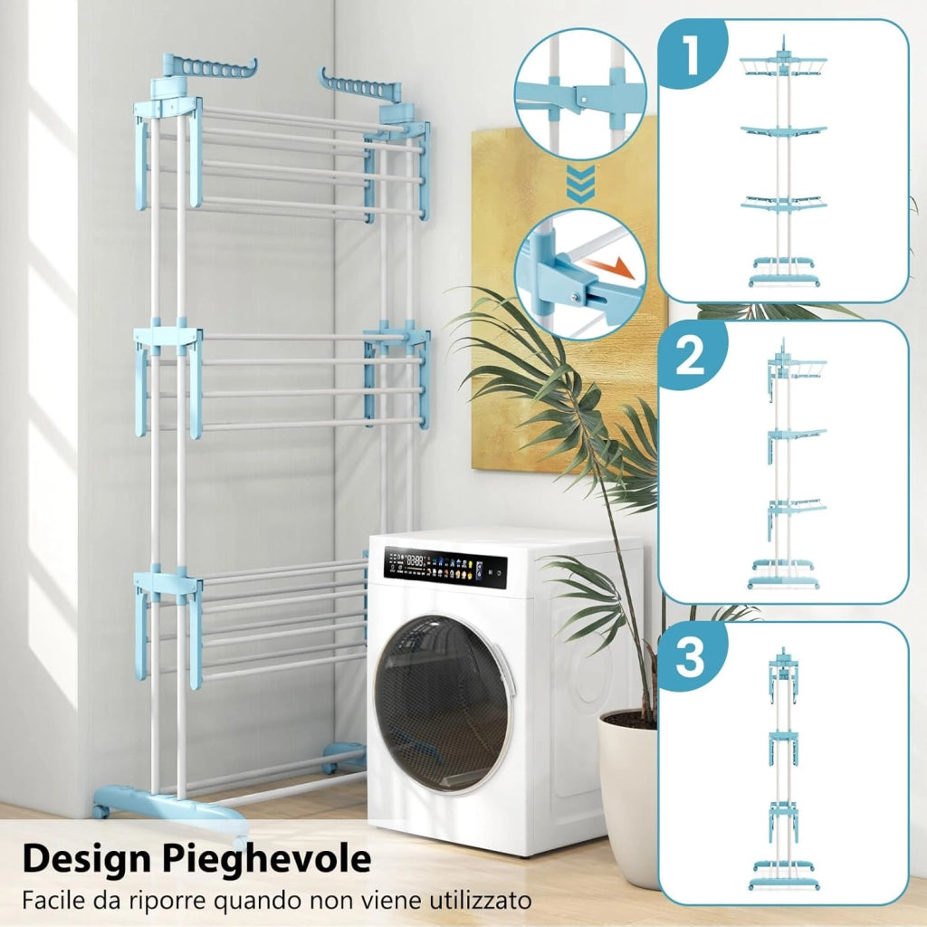 Stendibiancheria a Torre, Stendibiancheria Verticale Salvaspazio con Supporti per Grucce Girevoli e Piani Pieghevoli, Stendino Pieghevole con Ruote, 127 x 63 x 171 cm (Azzurro)