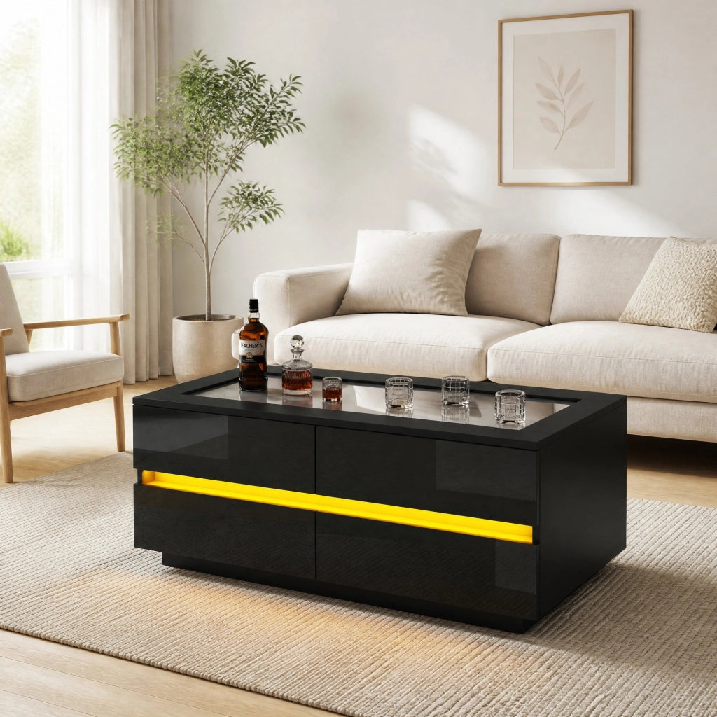 Tavolino da salotto nero 100¡Á50¡Á40 cm con 4 cassetti, piano in vetro temperato, LED e frontali lucidi