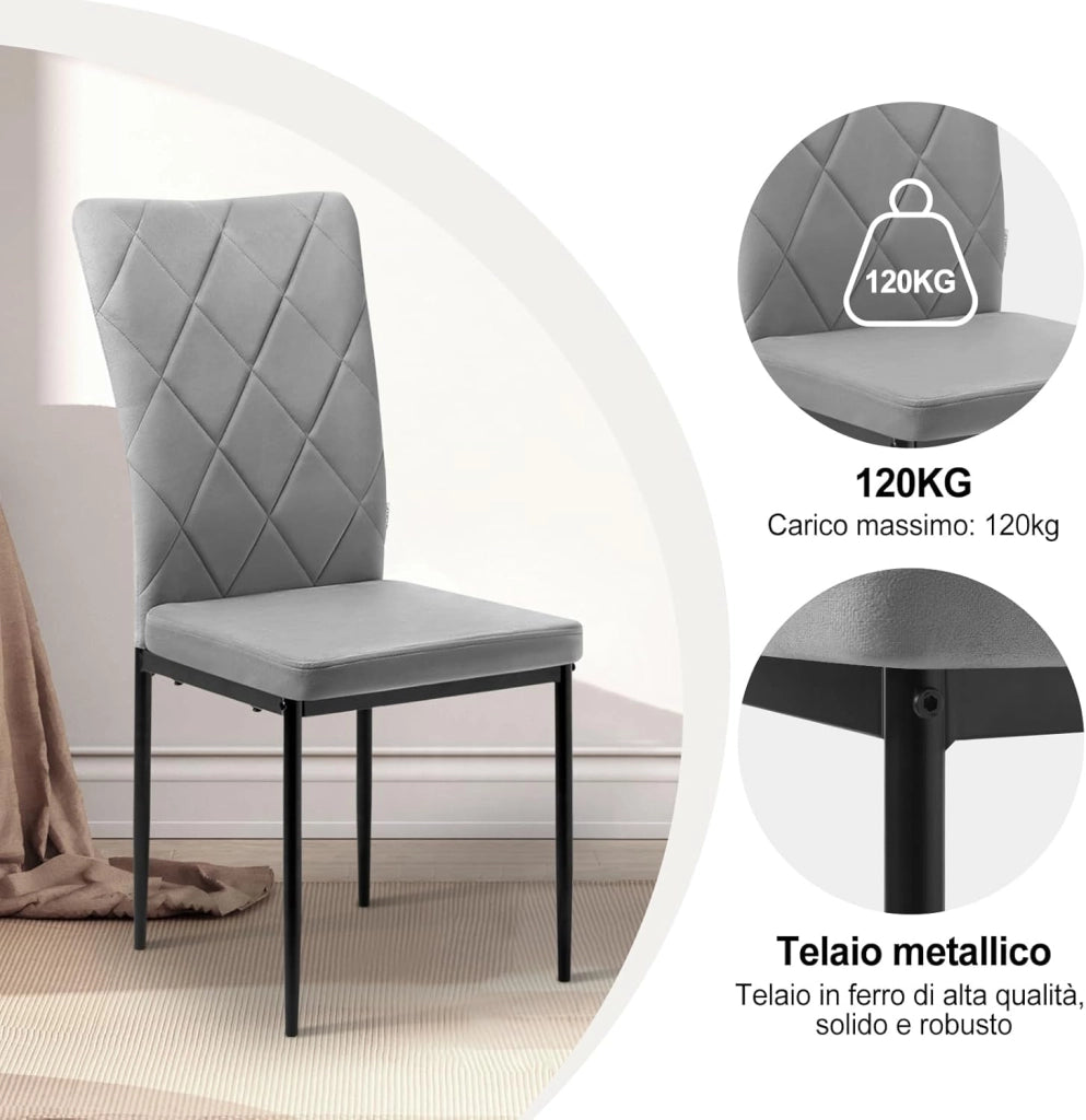 Set di 4 Sedie per Sala da Pranzo, Sedie da Cucina con Schienale Alto, con Gambe in Metallo e Rivestimento in Velluto, Grigio Scuro, BH379dgr-4