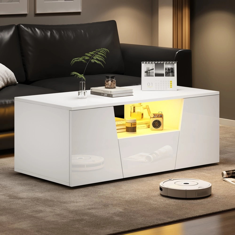 Tavolino da Caff¨¨ con LED e Cassetto ¨C MINIMAL ¨C Bianco Lucido, Design Moderno, 100x50x40