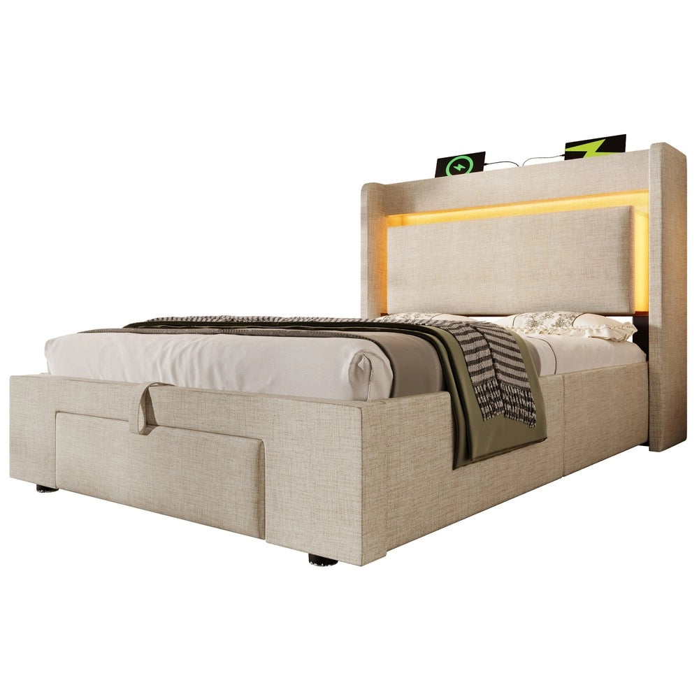 Letto Imbottito con Contenitore Idraulico, LED, USB, Testiera ¨C MINIMAL ¨C Beige, Tessuto, 90x200