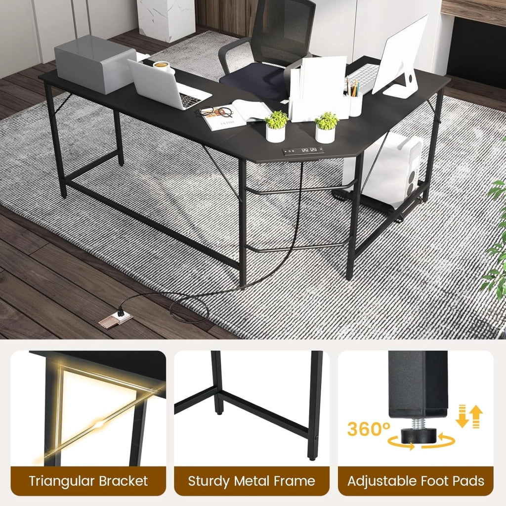 Scrivania angolare per computer, scrivania per computer a forma di L con prese di corrente, supporto per computer, scrivania con porte USB, design poco ingombrante (nero)