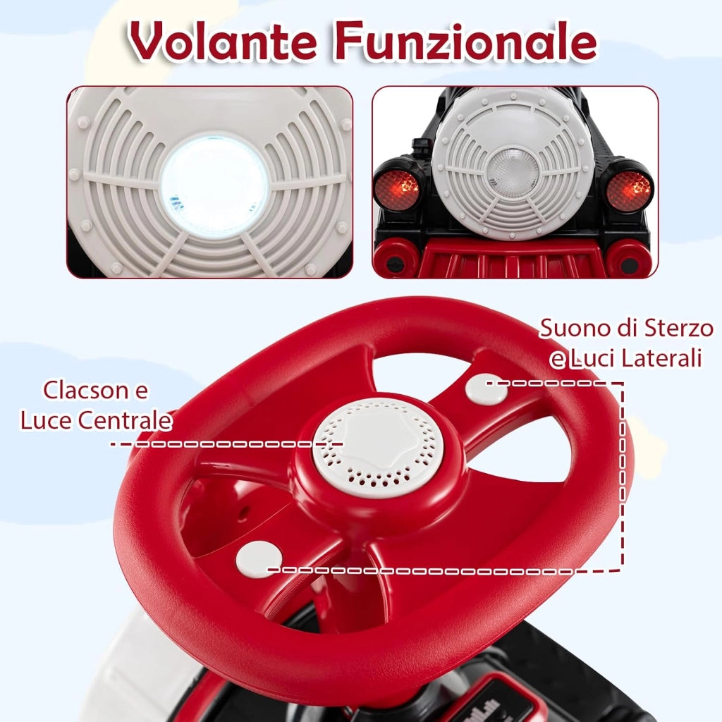 Trenino Elettrico Cavalcabile per Bambini, 12V Macchina Elettrica a 3 Posti con Locomotiva e Vagone Rimovibili, Treno con Luci LED, Clacson e Musica, per Bambini 3-8 Anni (Rosso)