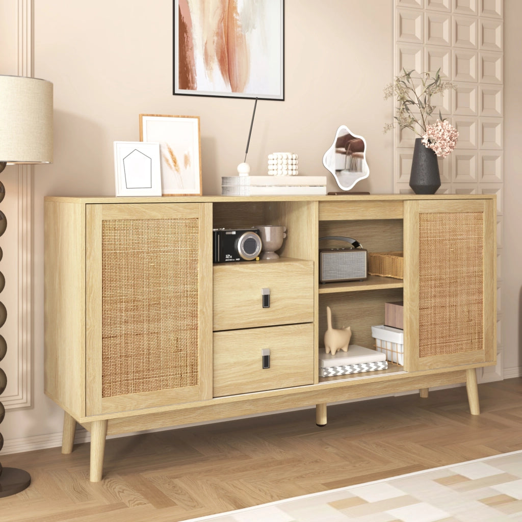 Madia 155x38x80 cm con 2 cassetti e ante scorrevoli in rattan; MDF e pannello truciolare