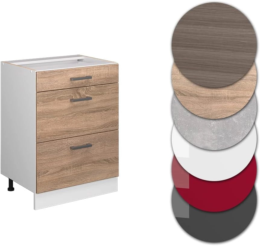 Mobiletto base per cucina R-Line, Sonoma, 60 cm con cassetti, senza piano di lavoro, per la libera combinazione all'interno di sistemi cucina modulari