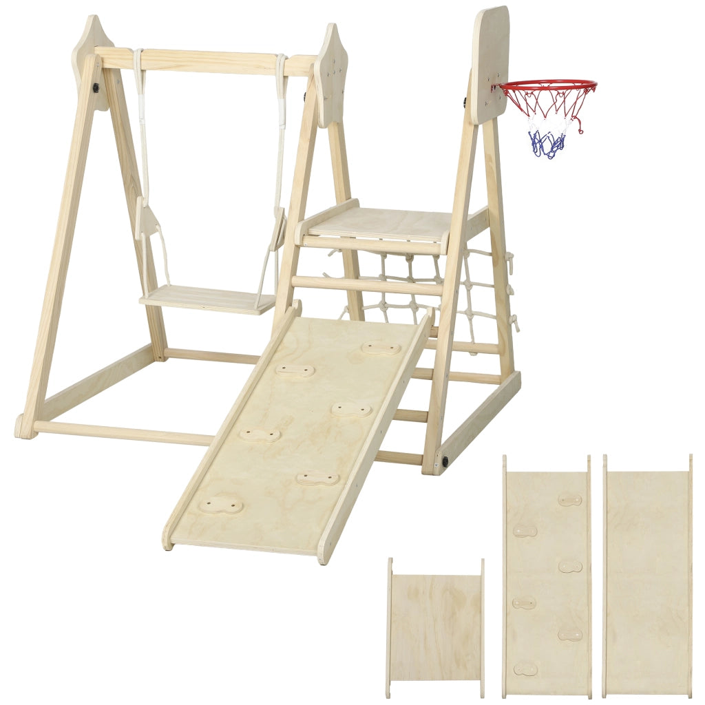 Gioco Arrampicata 5 in 1 Pieghevole 140x172,5x116,5 cm con Scivolo 2 Pareti Altalena e Canestro in Legno