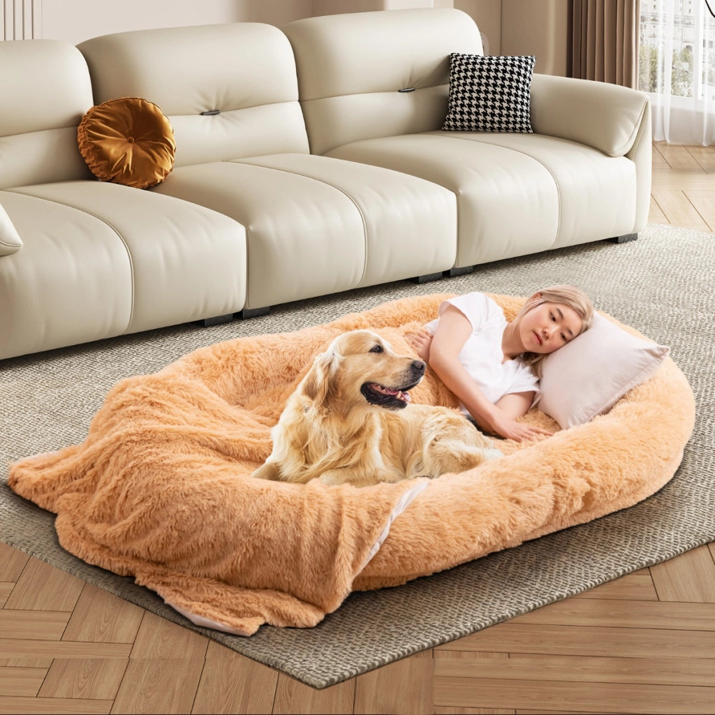 Letto per cani umani con coperta cuscino morbido presente, Letto pelo finto lavabile adatto a persone e animali Marrone