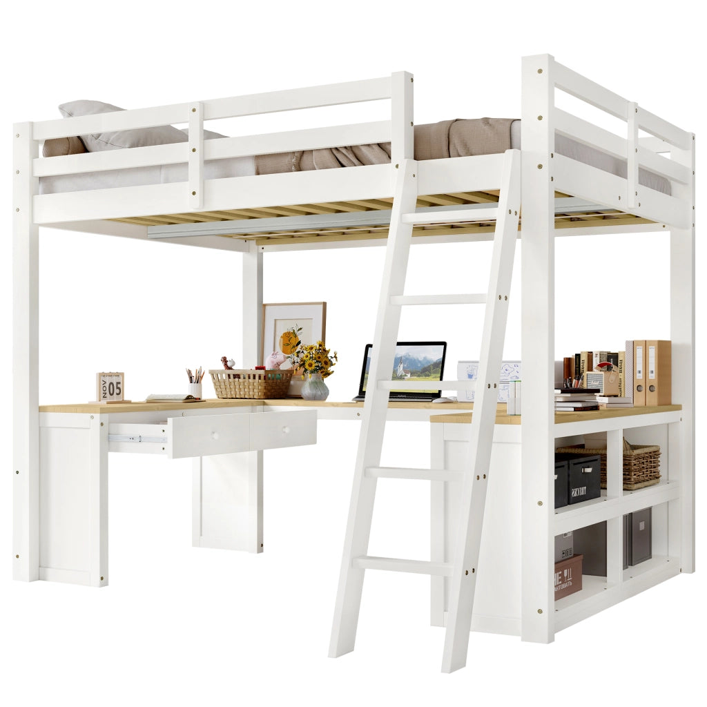 LETTO A CASTELLO con tavolo a U 140x200 cm bianco/naturale in legno e MDF