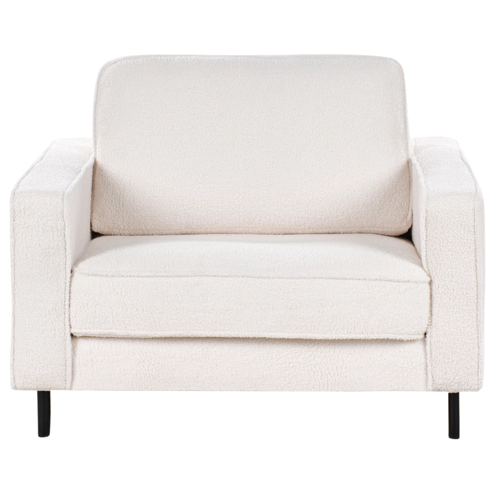 Poltrona in tessuto boucle bianco con cuscini e gambe in metallo stile moderno minimalista