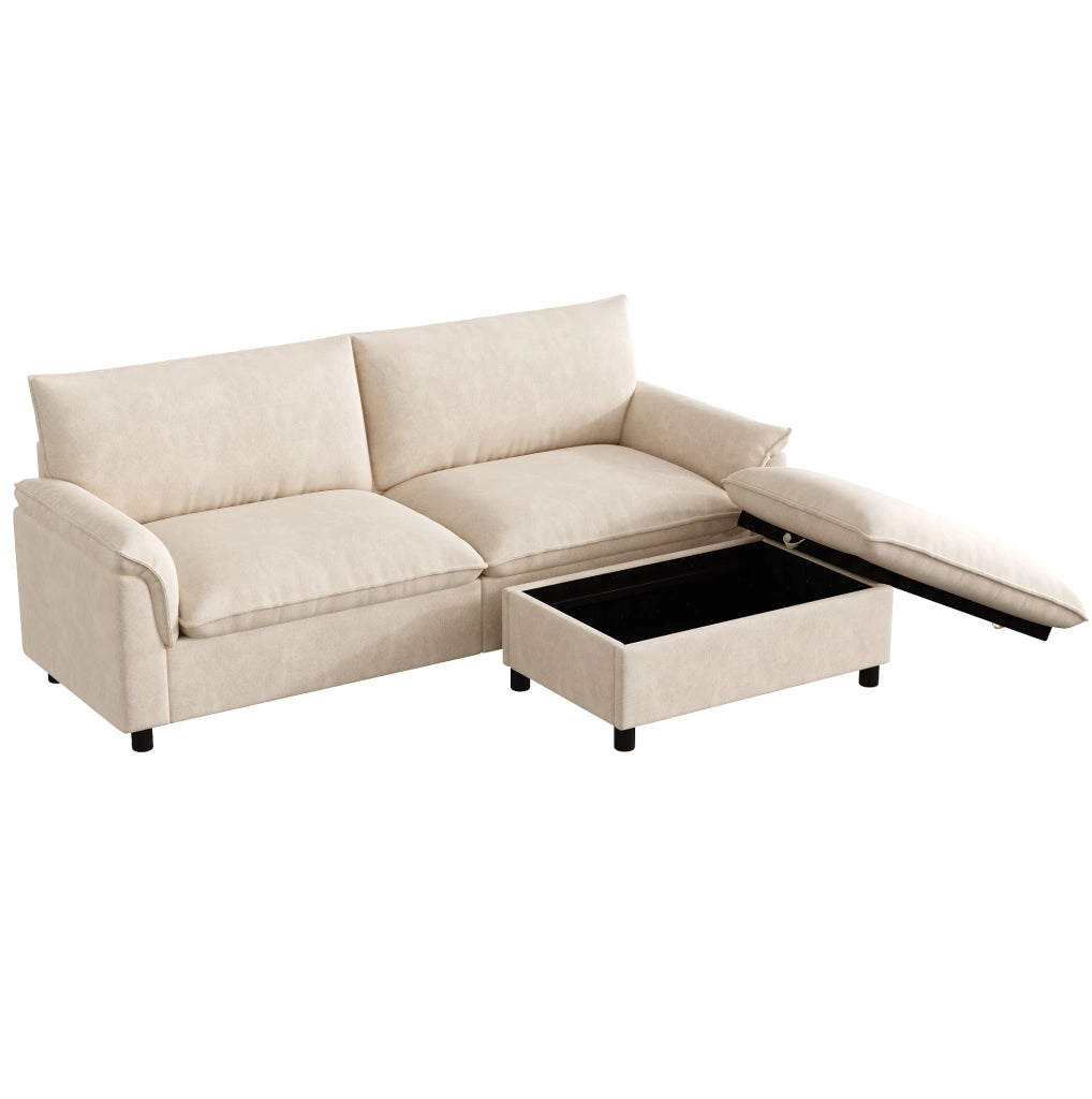 Divano con pouf contenitore e funzione letto; chenille beige; 216x77x82 cm
