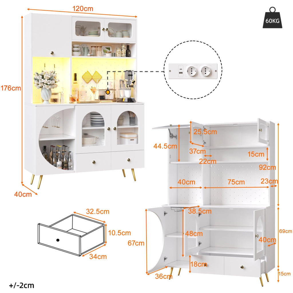 OKWISH Credenza alta da cucina, 2 ante, 1 cassetto e vani aperti, LED e prese integrate, MDF, 120 x 40 x 176 cm