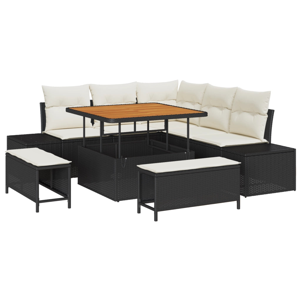 Set di Divani da Giardino  8 Pezzi con Cuscini Nero Polyrattan Acacia