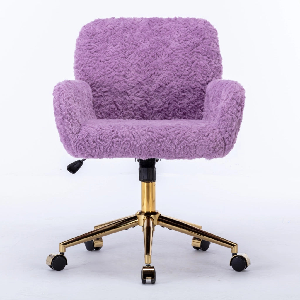Sedia girevole e reclinabile con braccioli in pelliccia sintetica viola e base in metallo dorato 60 × 28,5 × 50 cm