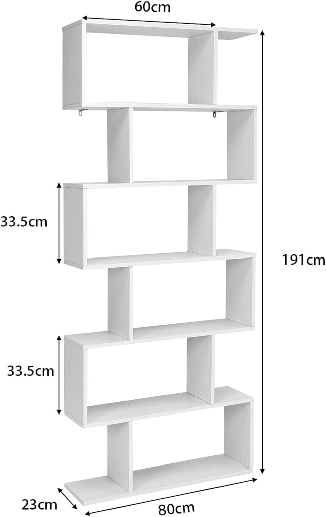 Libreria in Legno Scaffale Multifunzionale a 6 Ripiani per Piante e Libri per Ufficio Casa Ripiano a Forma di S, 80 x 23 x 192 cm (Bianco)