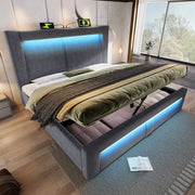 Letto matrimoniale 160x200 cm con contenitore; LED; ricarica USB e Type-C; velluto grigio