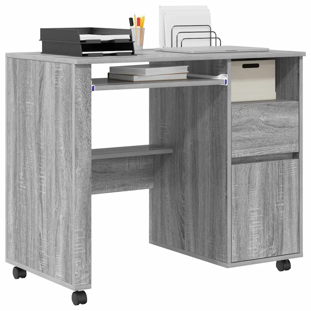 Scrivania | Tavolo da Ufficio con Ruote con cassetto Grigio Sonoma 91 x 50 x 77 cm