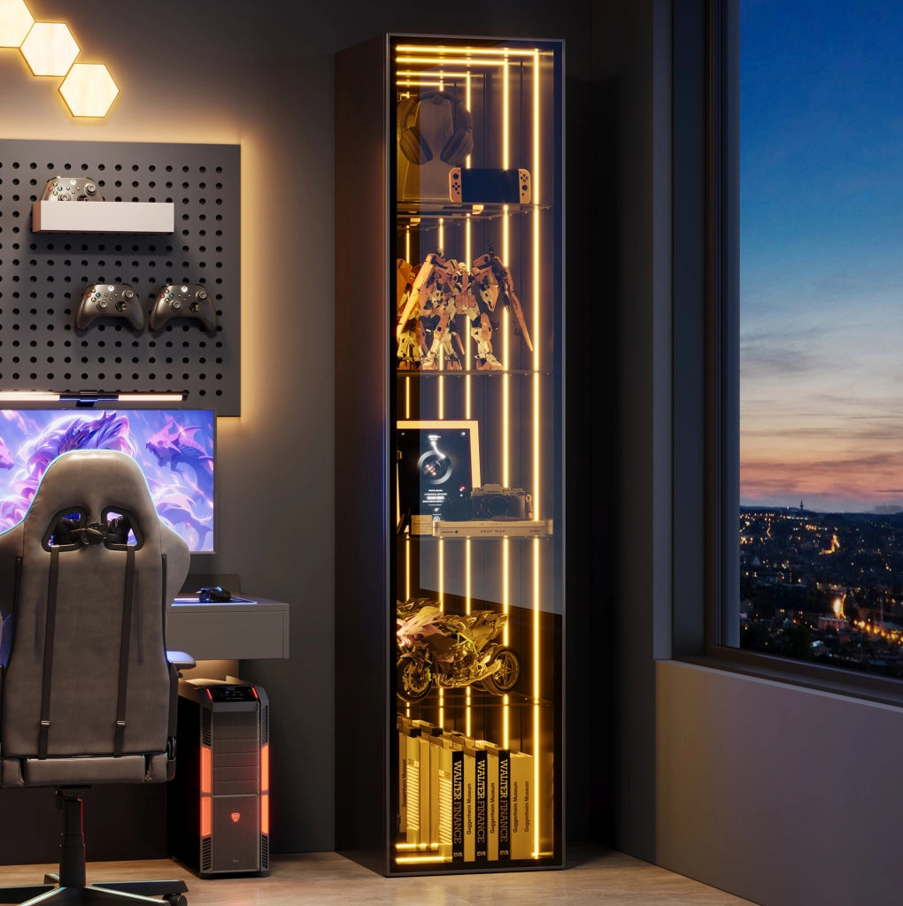 Vetrina in vetro temperato 30x30x160 cm con LED; 5 ripiani regolabili; MDF e alluminio; nera