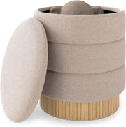Pouf Contenitore Rotondo 35,5 L, Poggiapiedi Divano Imbottito con Coperchio Rimovibile, Sgabello Moderno in Ciniglia con Base in Legno di Pino, per Soggiorno e Camera da Letto
