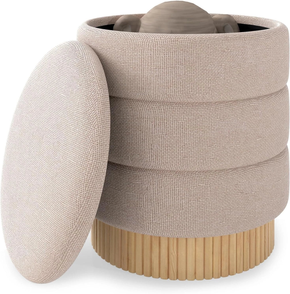 Pouf Contenitore Rotondo 35,5 L, Poggiapiedi Divano Imbottito con Coperchio Rimovibile, Sgabello Moderno in Ciniglia con Base in Legno di Pino, per Soggiorno e Camera da Letto