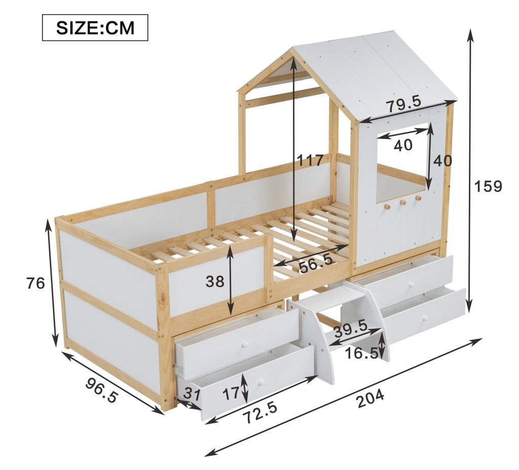 Letto Casetta 90x200 cm - 4 Cassetti; Scala e Finestra - Legno - Bianco e Naturale