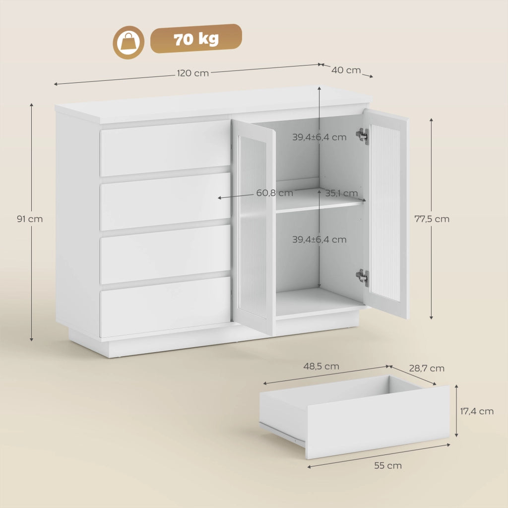 Cassettiera con ante in vetro ¨C zephmum ¨C bianco 120x40x91 cm
