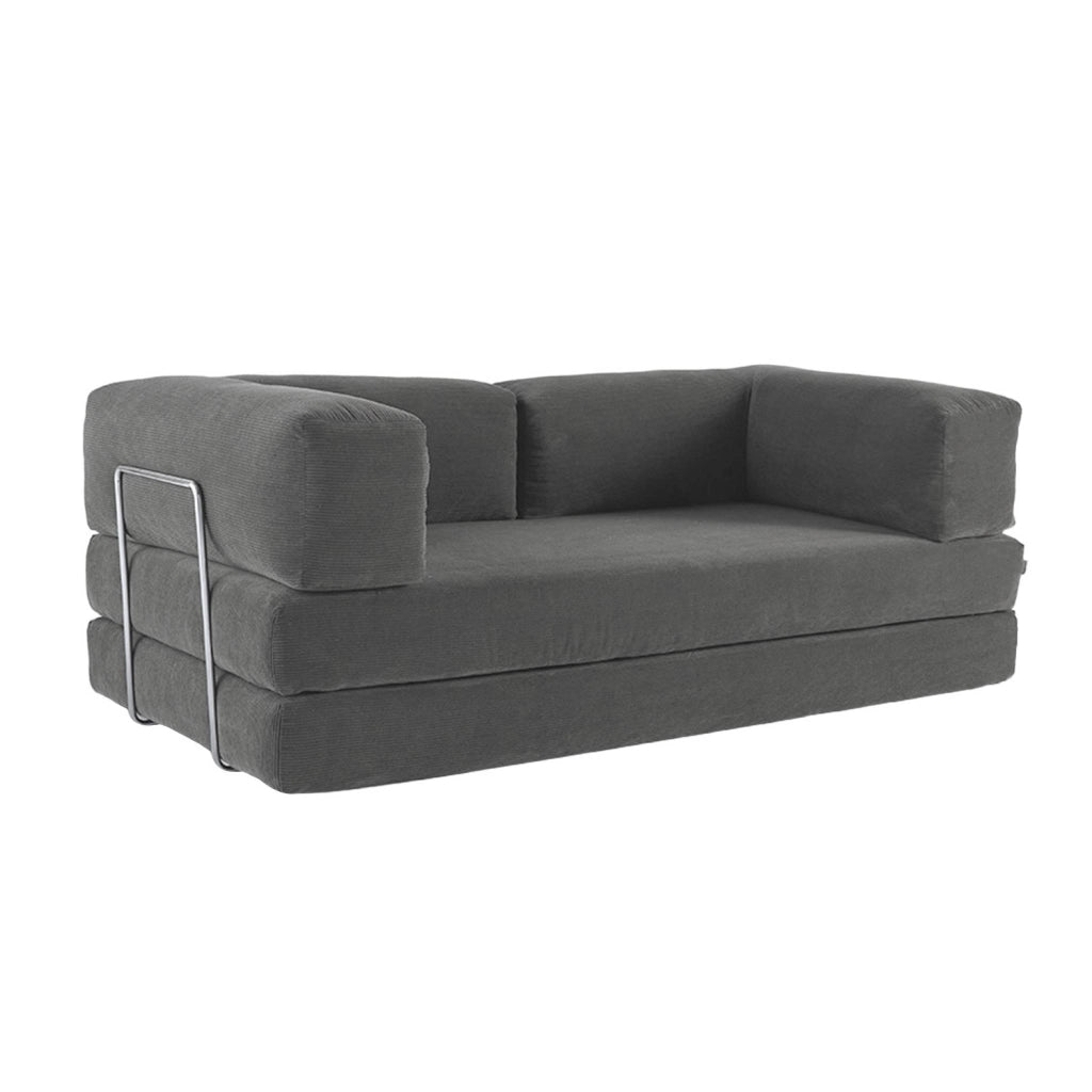 Divano letto futon in velluto a coste e struttura cromata, grigio