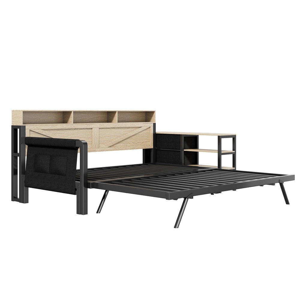Letto Contenitore con Divano, LED e USB ¨C MINIMAL ¨C Metallo Nero 90x200, 3 Cassetti