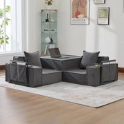 Fauteuil pouf modulare con tasche laterali e cuscini, seduta ergonomica per relax in velluto a coste grigio scuro