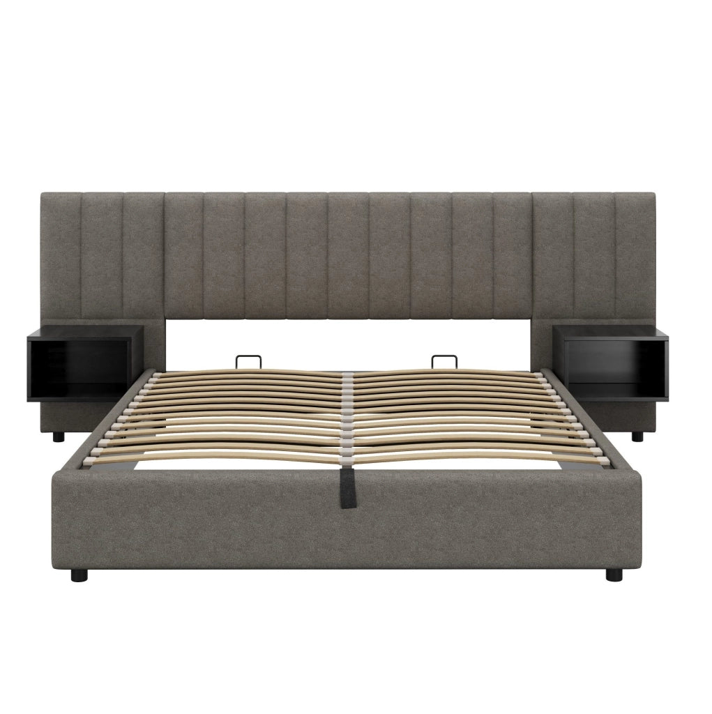 Letto matrimoniale 160x200 cm con contenitore idraulico e 2 comodini; in lino grigio e nero