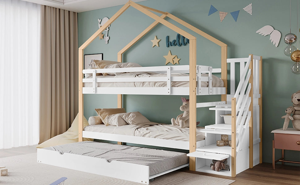 DESMIU Letto a castello 90 × 200 cm e 90 × 190 cm 2 posti con scala con cassetti e materasso senza