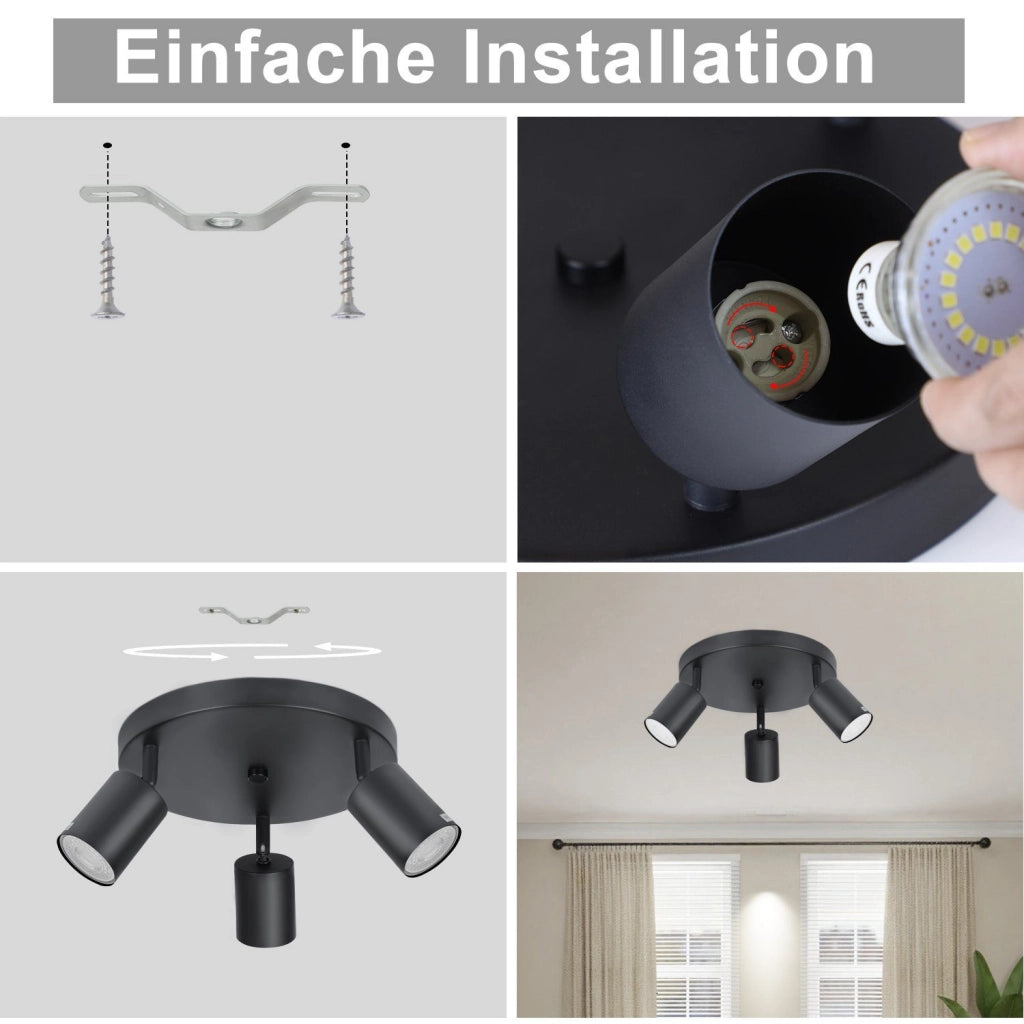 ZMH Faretto da soffitto neri 3 luci GU10 orientabili 350° rotondi metallo per soggiorno camera cucina senza lampadina