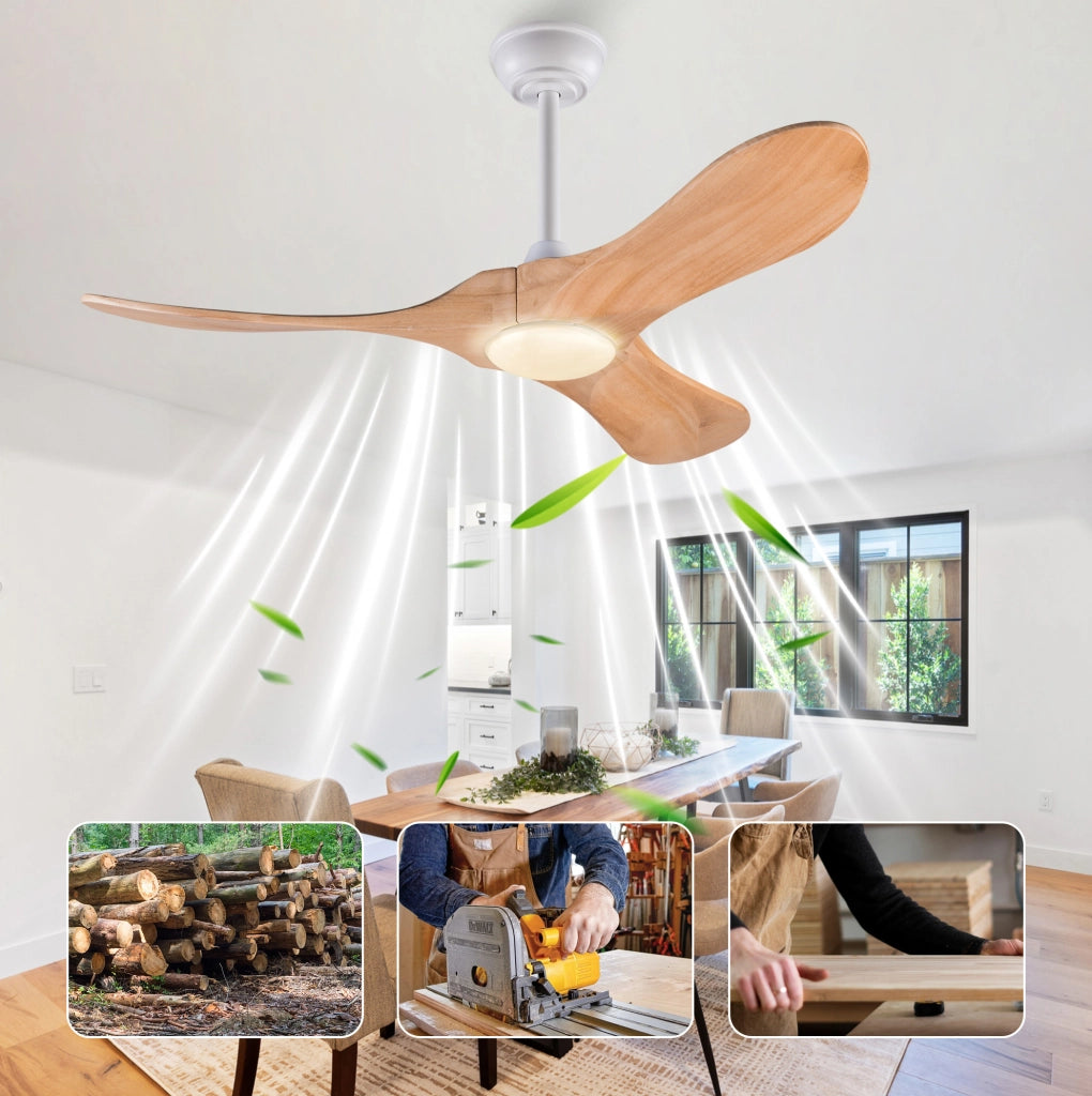Ventilatore a soffitto 42" con luce LED e telecomando, legno massello naturale e bianco