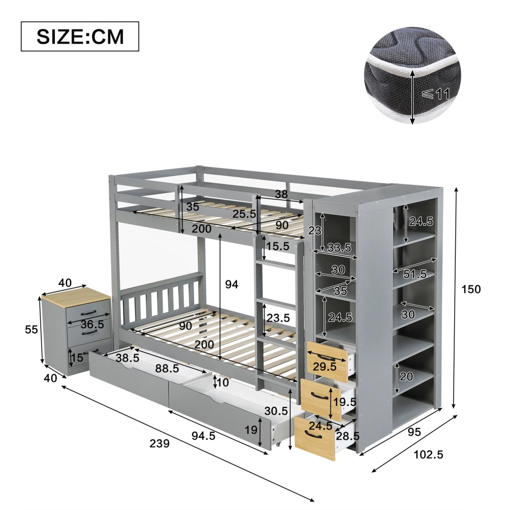Letto a castello grigio in legno 90x200 cm con cassetti, scaletta e comodino mobile