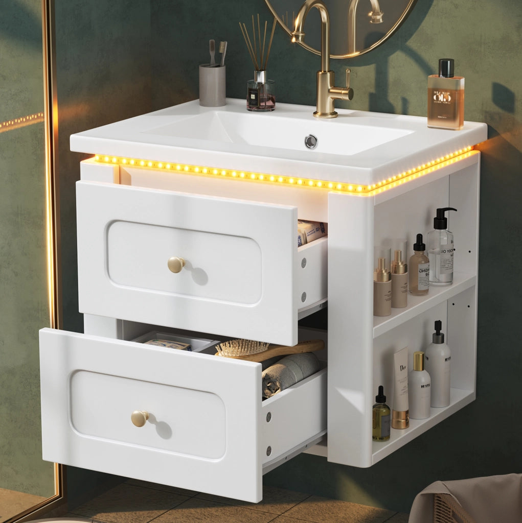 Mobile bagno sospeso da 61 cm con LED; 2 cassetti e lavabo in ceramica