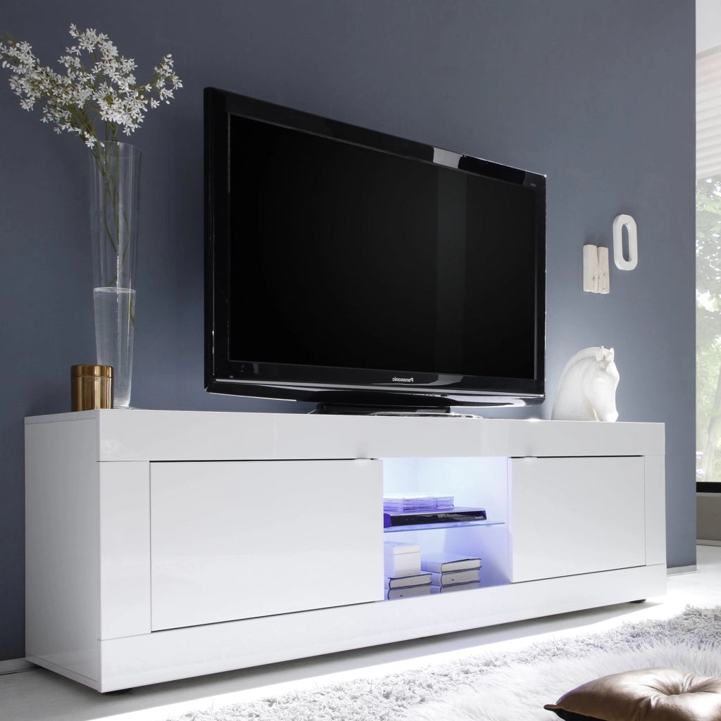 Massaia, Mobile Porta tv un Ripiano, 180x43x56h cm Bianco Lucido