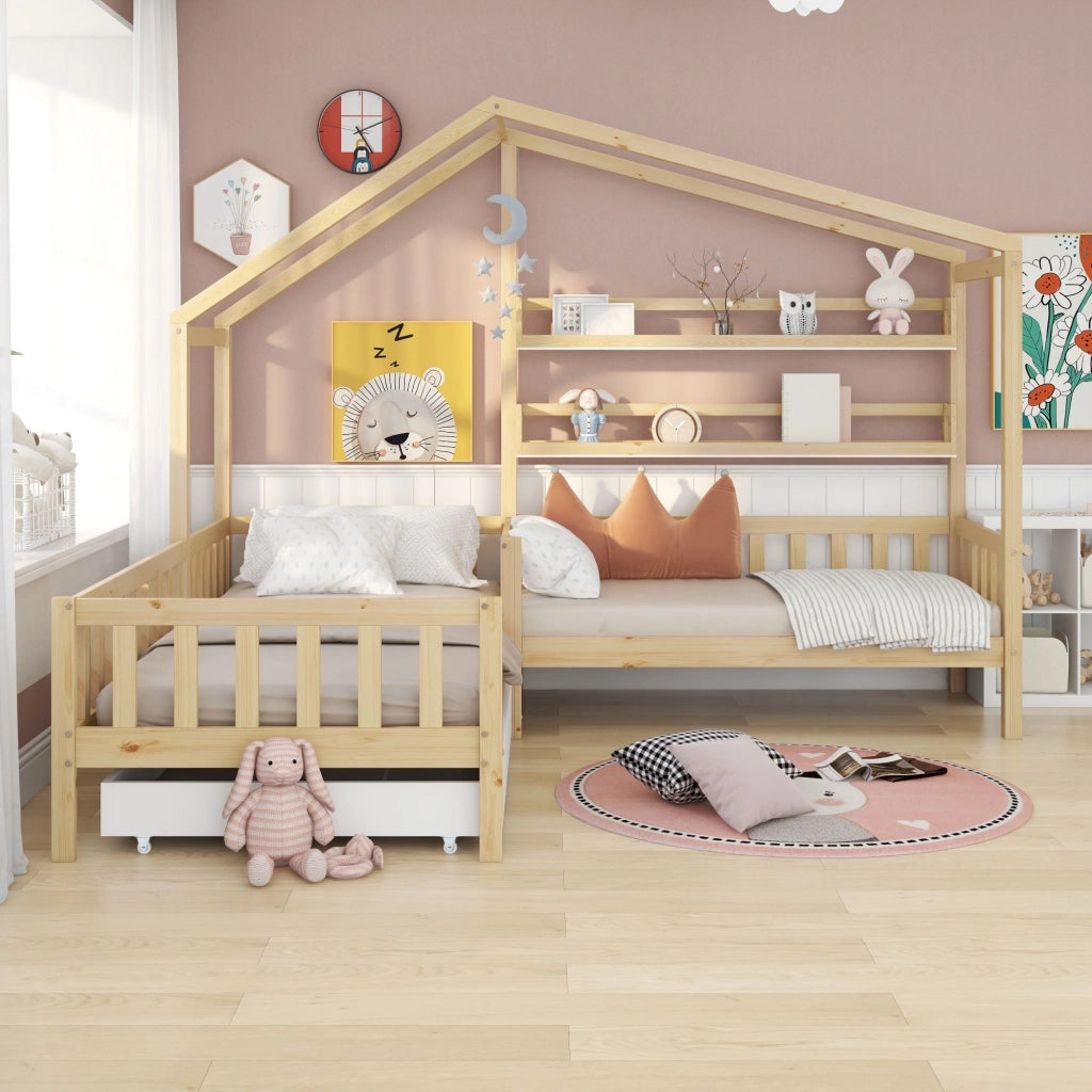 Letto a casa per bambini con cassetti e mensole in legno massello naturale 90x200 cm+140x70 cm