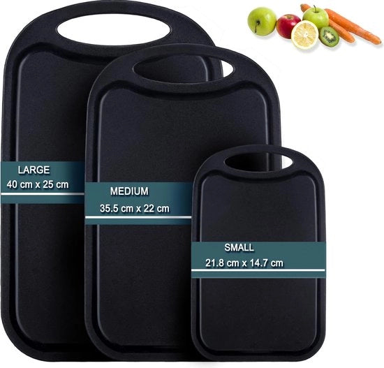 Snijplank kunststof, set di snidere in plastica a 3 pezzi con incisioni per succhi e maniglie antiscivolo, piatti da taglio/da colazione in plastica nera, BPA-free, lavabile in lavastoviglie.