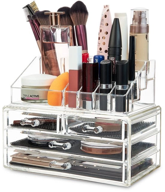 Organizzatore di trucco con cassetti scorrevoli - Organizzatore di trucco con slot di carico - Regolabile - Translucido - Cassetti di archiviazione - Organizzazione - Scatola di conservazione del trucco