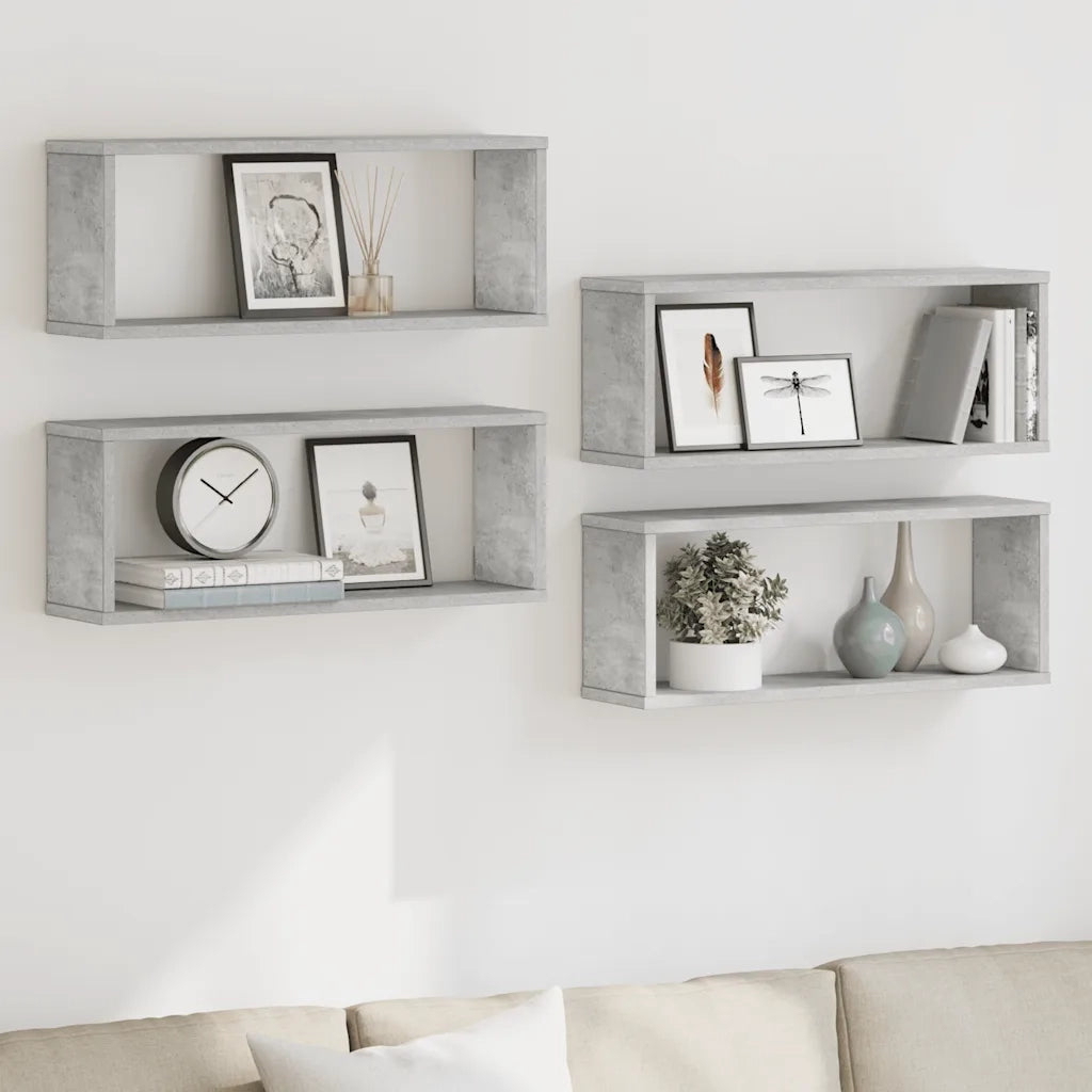 4 pz Mensole Parete | Mensola sospesa a Cubo Grigio Cemento 60x15x23cm Multistrato