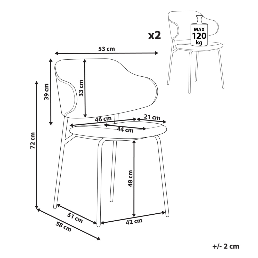 Set di 2 sedie da pranzo con sedile imbottito in tessuto arancione senza braccioli schienale curvo stile moderno