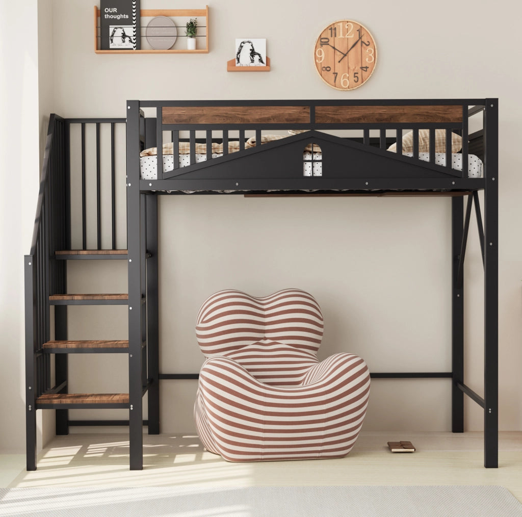 Letto a soppalco in metallo 90x200 cm con scala laterale e spazio contenitivo; nero