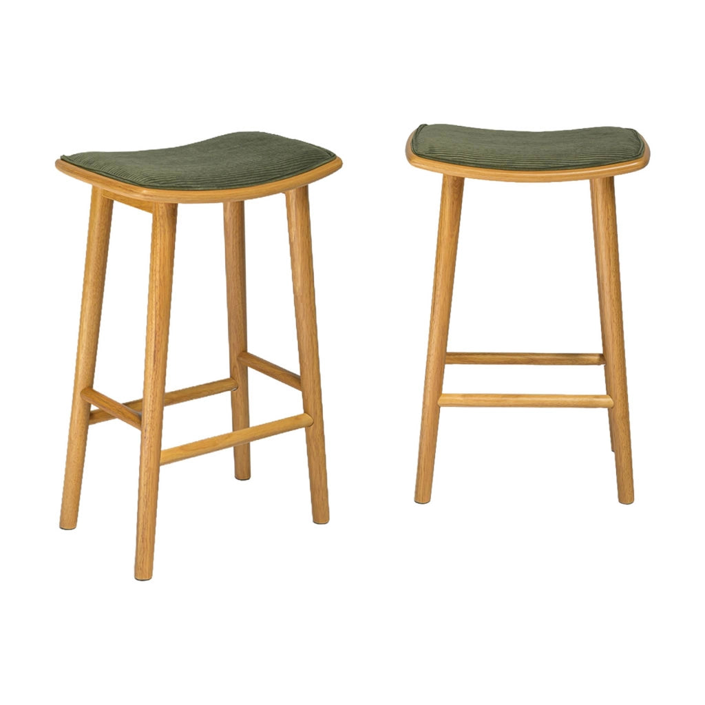 Set 2 sgabelli da bar vintage in legno di hevea e velluto a coste,