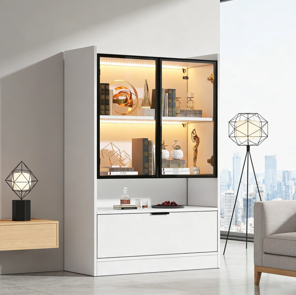 Vetrina moderna bianca con illuminazione a LED e ante in vetro
